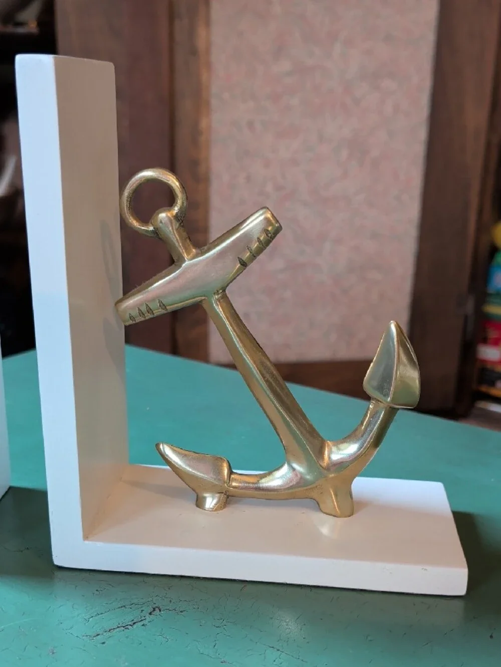 Nautical Brass Anchor Bookends On White Stands